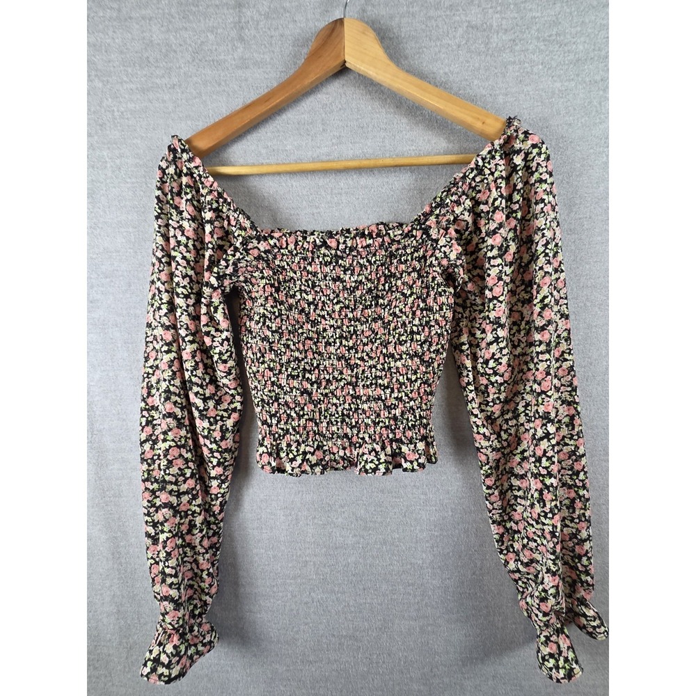 Forever 21 Black Floral Peasant Crop Top S Smocked Off Shoulder Boho Fairy